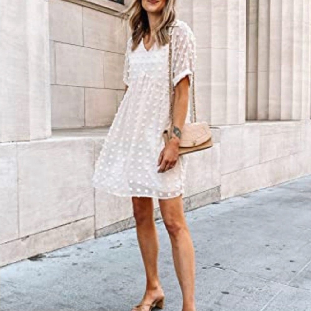 NWT‎ White Textured Polka Dot Short Sleeves Above Knee VNeck ALine Dress Small